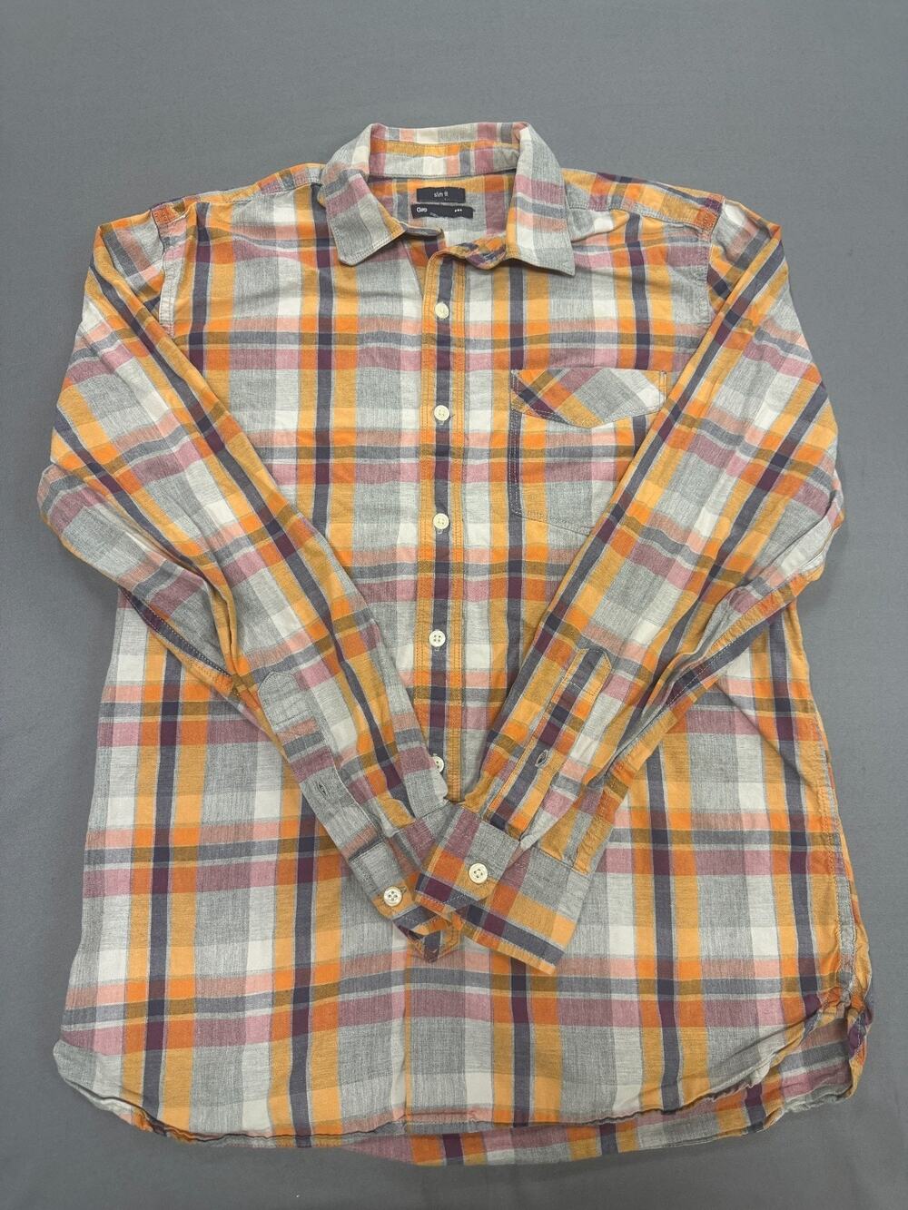 Gap Men's Small Slim Fit Plaid Button Up Shirt Gray Orange Long Sleeve Pocket